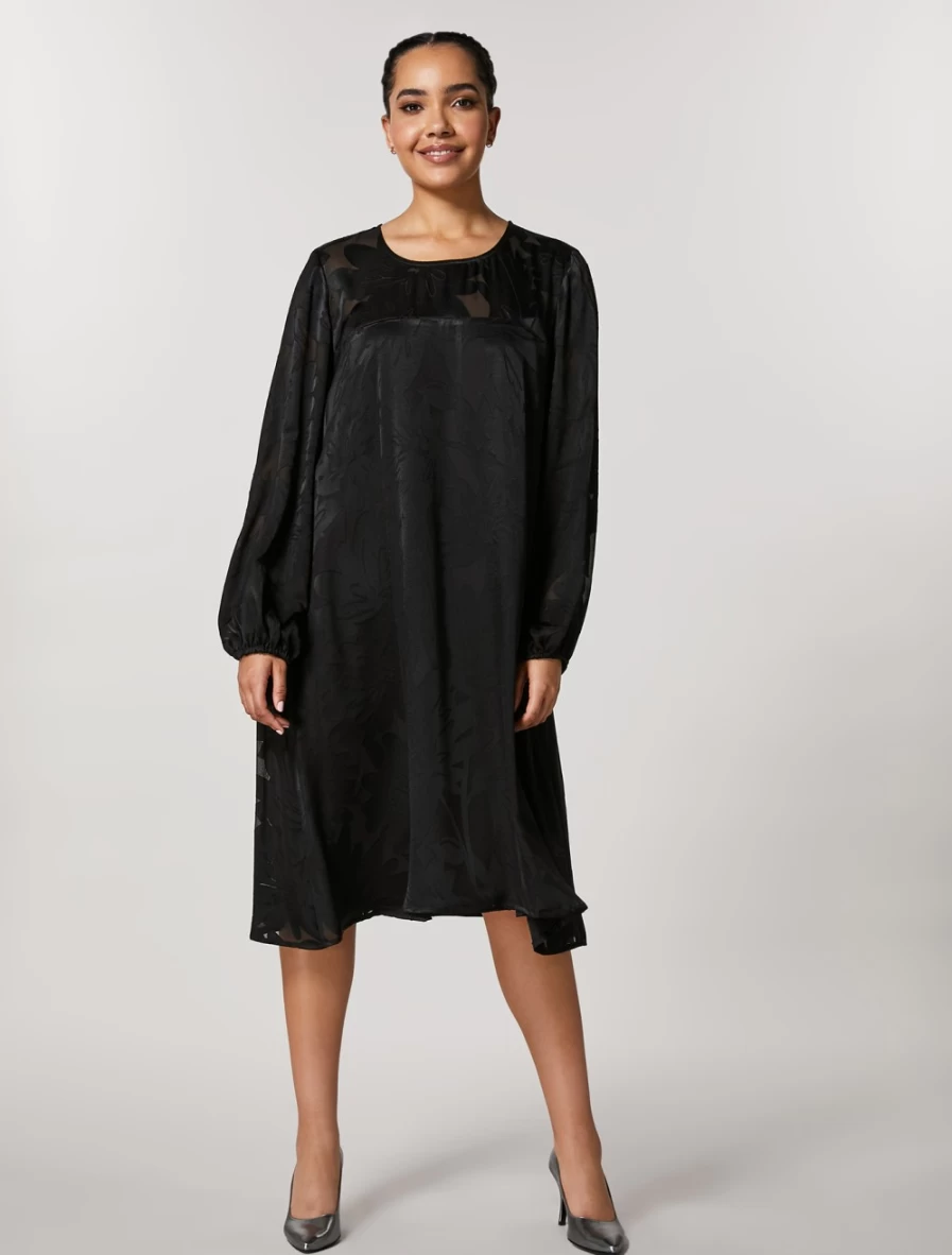 Marina Rinaldi Women's Black Burnout Satin Dress - Elegant Sleeveless Evening Gown