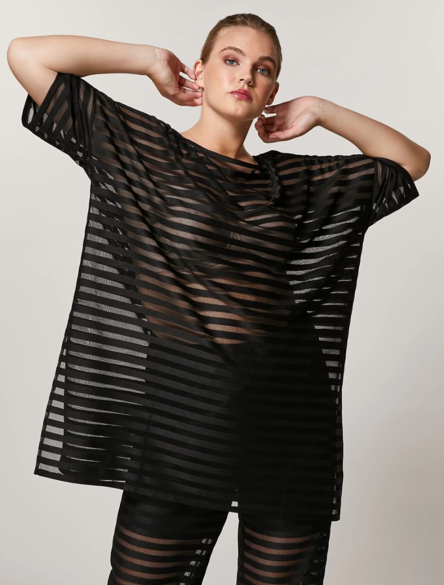 Marina Rinaldi Women's Black Jersey Tulle Maxi T-Shirt Elegant Long Sleeve Top