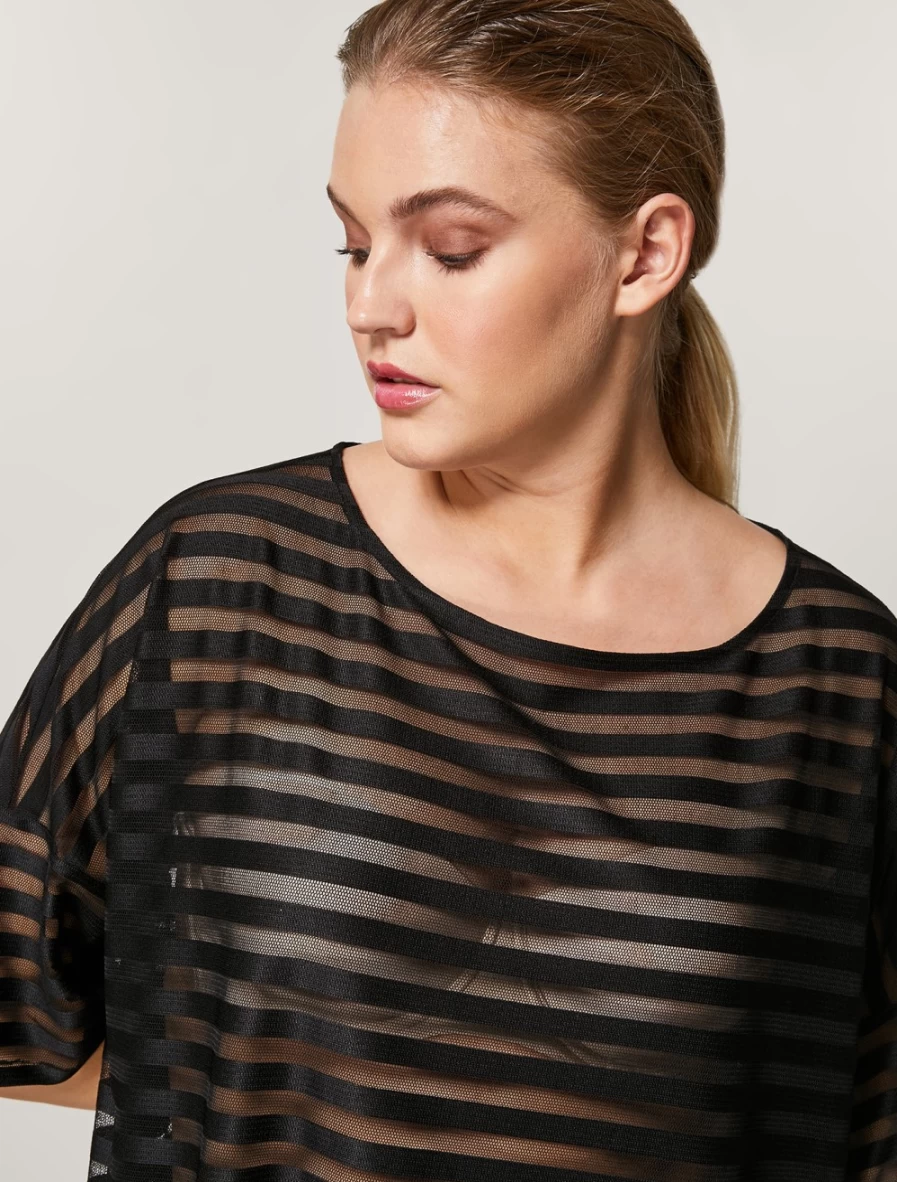 Marina Rinaldi Women's Black Jersey Tulle Maxi T-Shirt Elegant Long Sleeve Top