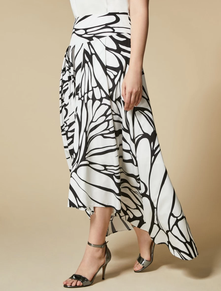 Marina Rinaldi Women's White Printed Taffeta Skirt - Elegant Floral Design Mid-Length Skirt