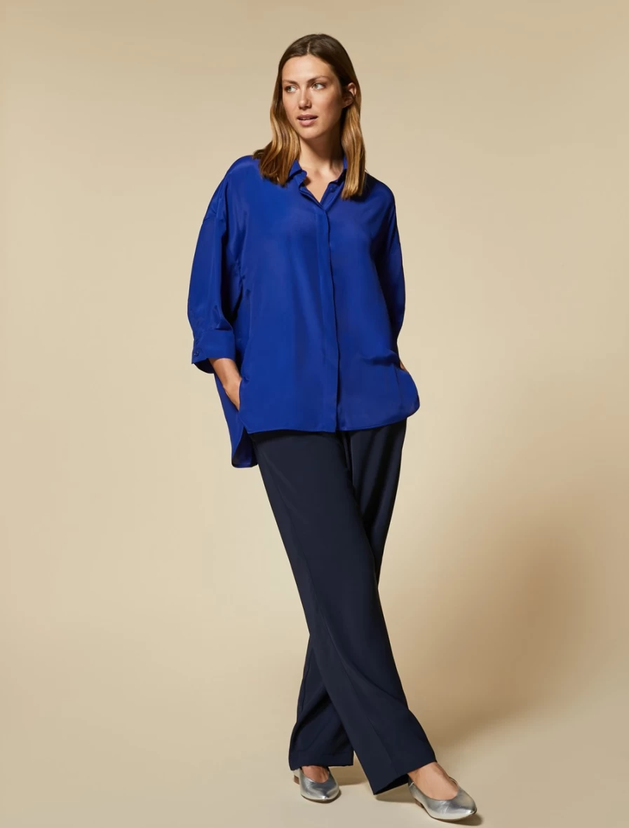 "Marina Rinaldi Women's Dark Navy Trousers with Topstitching Detail"