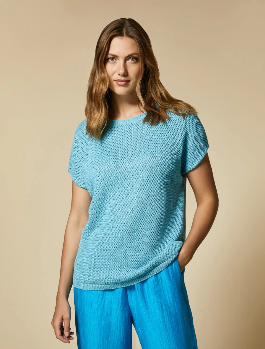 "Marina Rinaldi Women's Linen Sweater in Ski Blue | Lightweight Summer Knit"