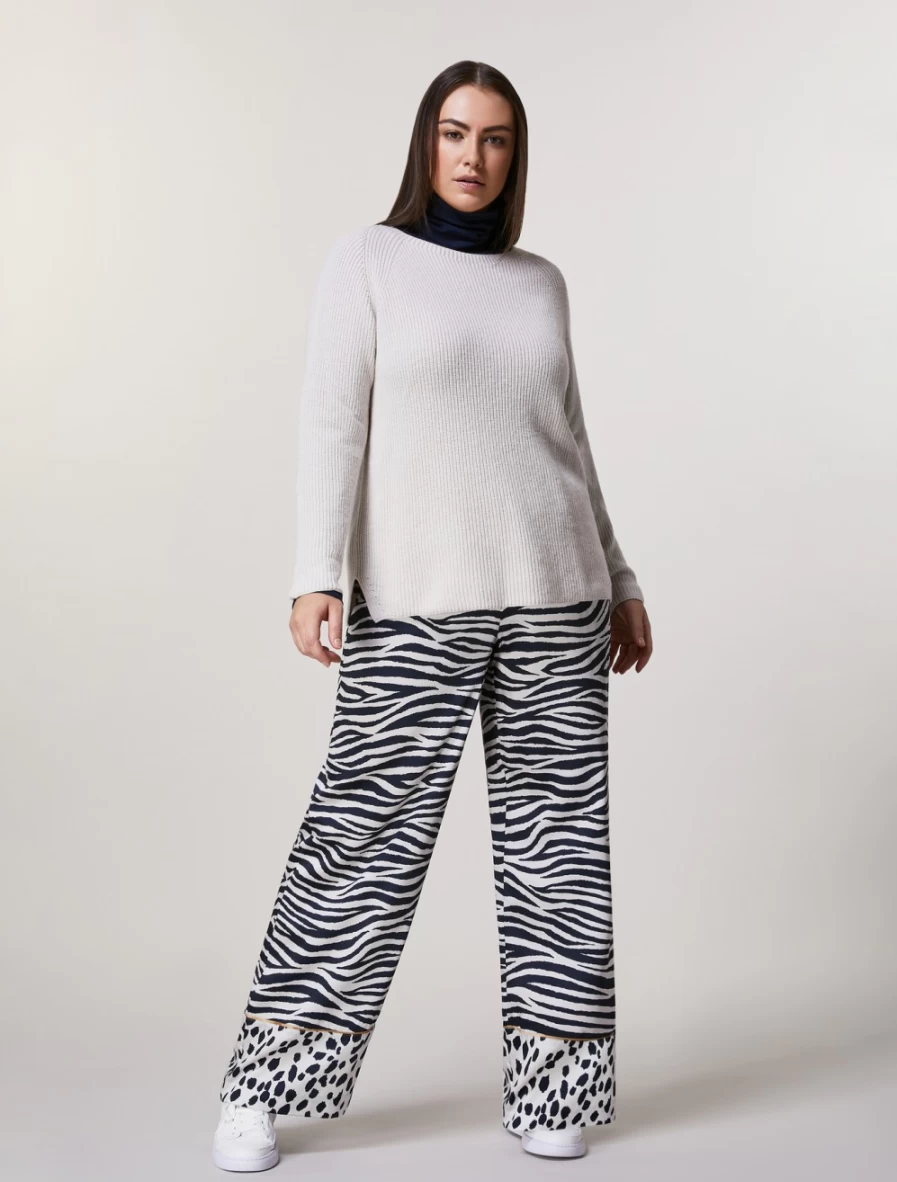 Marina Rinaldi Women's Dark Navy Printed Twill Trousers | Elegant Casual Pants
