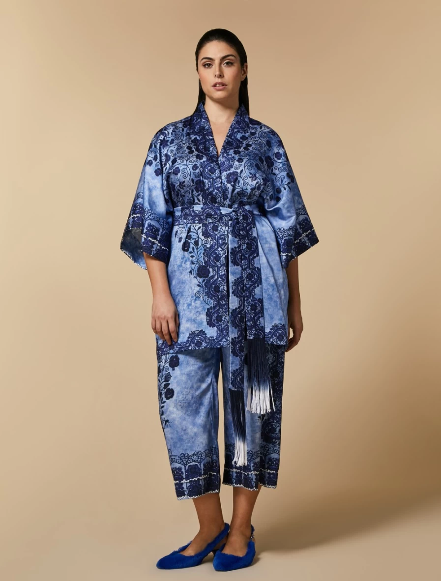 Marina Rinaldi Women's China Blue Printed Twill Trousers | Elegant Casual Pants