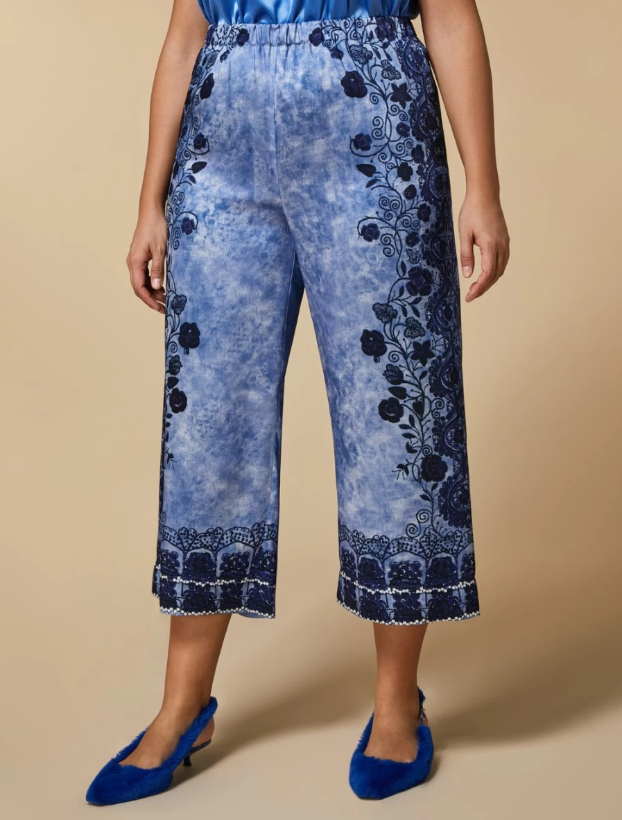 Marina Rinaldi Women's China Blue Printed Twill Trousers | Elegant Casual Pants