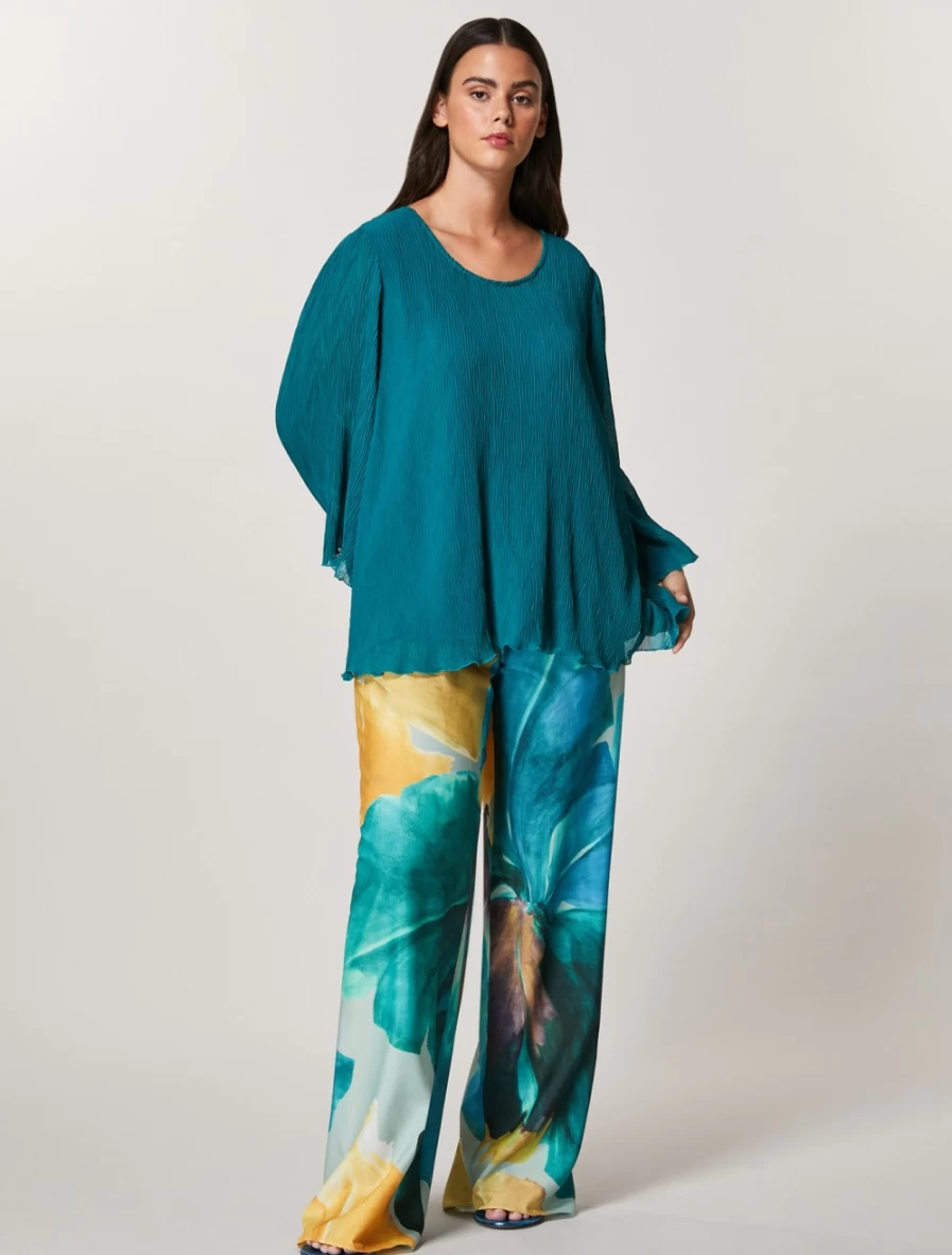 "Marina Rinaldi Women's Ski Blue Printed Crepe De Chine Trousers"