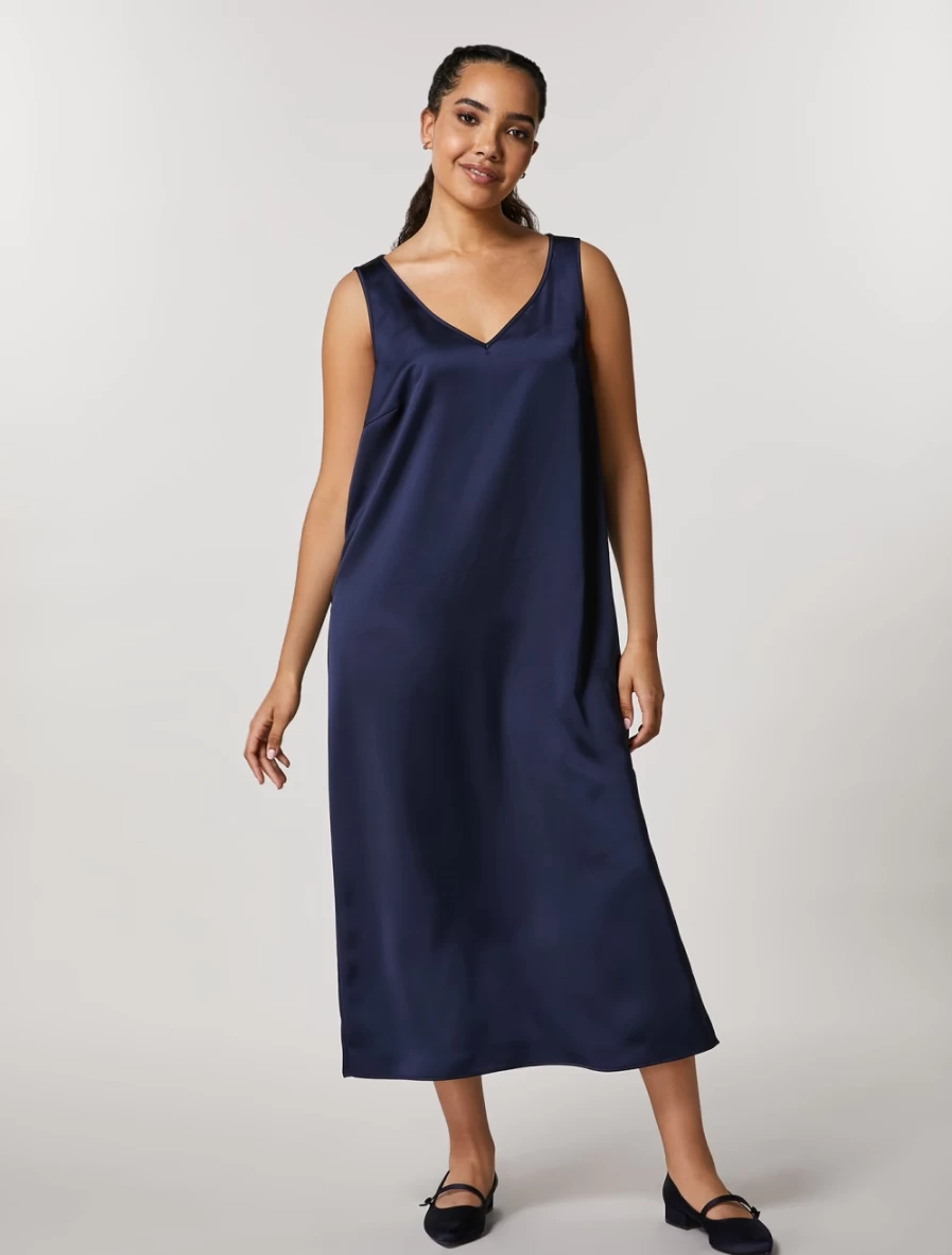 Marina Rinaldi Women's Dark Navy Satin Dress - Elegant Evening Gown