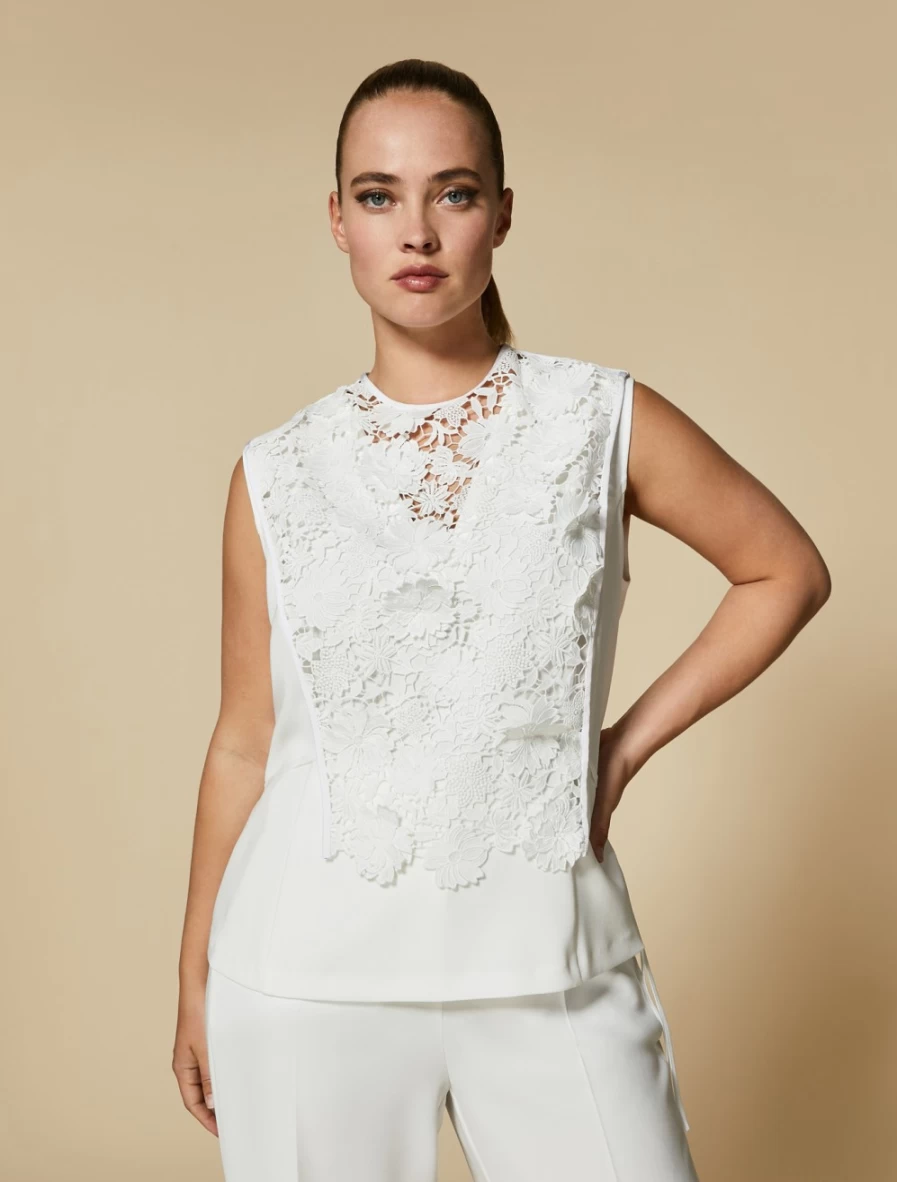 Marina Rinaldi Women's White Macramé Lace False Shirt-Front Top